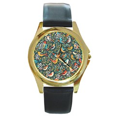 Birds Pattern Flowers Whimsical Round Gold Metal Watch