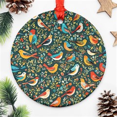 Birds Pattern Flowers Whimsical Round Ornament (two Sides)