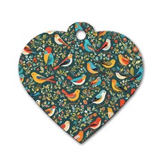 Birds Pattern Flowers Whimsical Dog Tag Heart (One Side)