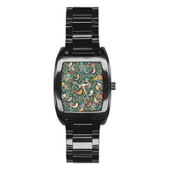 Birds Pattern Flowers Whimsical Stainless Steel Barrel Watch