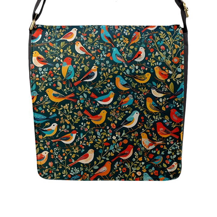 Birds Pattern Flowers Whimsical Flap Closure Messenger Bag (L)