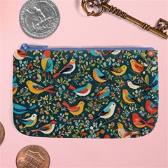 Birds Pattern Flowers Whimsical Large Coin Purse