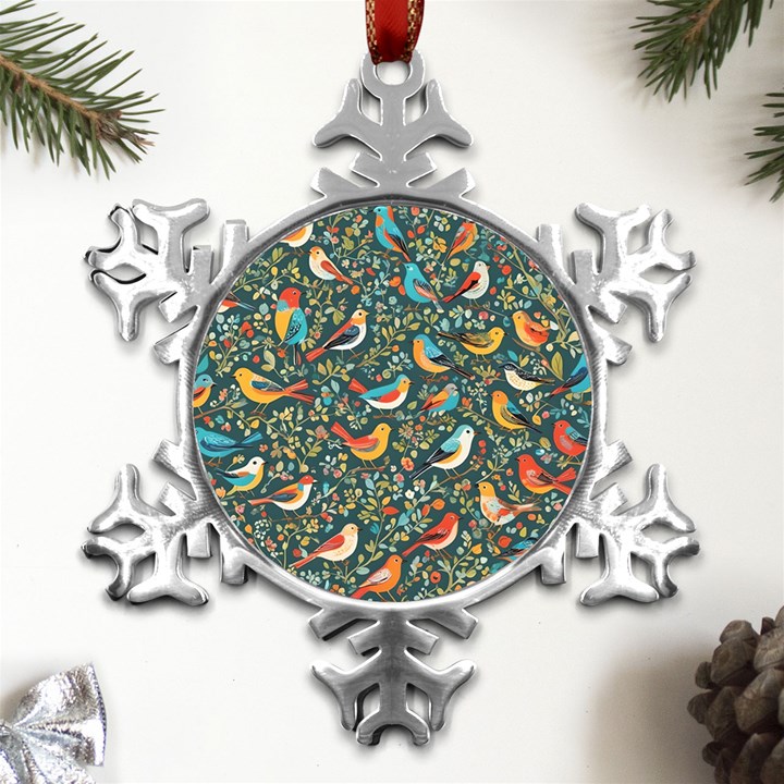 Birds Pattern Flowers Whimsical Metal Small Snowflake Ornament