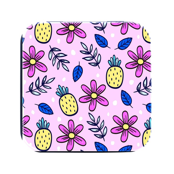 Flowers Petals Pineapples Fruit Square Metal Box (Black)