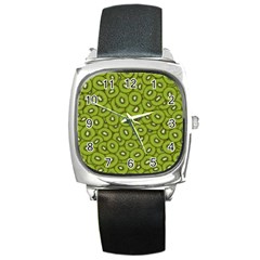 Kiwi Fruit Pattern Green Background Square Metal Watch by Paksenen