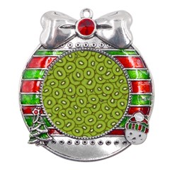 Kiwi Fruit Pattern Green Background Metal X mas Ribbon With Red Crystal Round Ornament by Paksenen