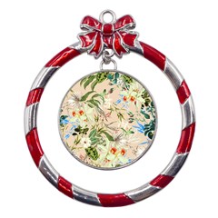 Textile Fabric Tropical Metal Red Ribbon Round Ornament by Paksenen