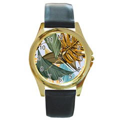 Monstera Palm Leaves Plants Round Gold Metal Watch by Paksenen