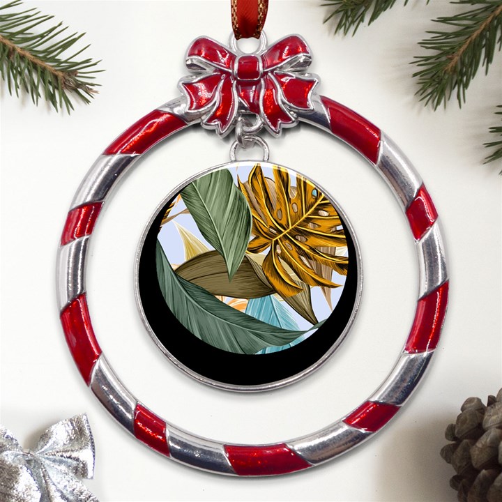 Monstera Palm Leaves Plants Metal Red Ribbon Round Ornament