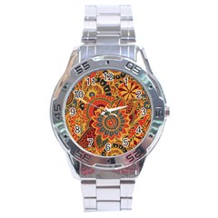 Bright Seamless Pattern With Paisley Mehndi Elements Hand Drawn Wallpaper With Floral Traditional In Stainless Steel Analogue Watch by Ket1n9