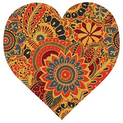 Bright Seamless Pattern With Paisley Mehndi Elements Hand Drawn Wallpaper With Floral Traditional In Wooden Puzzle Heart by Ket1n9