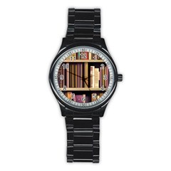 Books Bookshelves Office Fantasy Background Artwork Book Cover Apothecary Book Nook Literature Libra Stainless Steel Round Watch by Posterlux