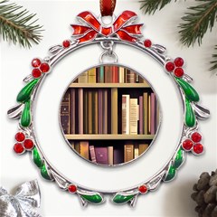 Books Bookshelves Office Fantasy Background Artwork Book Cover Apothecary Book Nook Literature Libra Metal X mas Wreath Ribbon Ornament by Posterlux