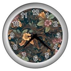 Floral Seamless Pattern Decorative Wall Clock (silver) by Paksenen