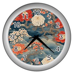 Seamless Pattern Chinoiserie Flowers Wall Clock (silver) by Paksenen