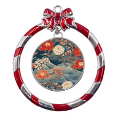 Seamless Pattern Chinoiserie Flowers Metal Red Ribbon Round Ornament by Paksenen