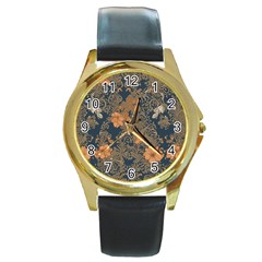 Seamless Pattern Patterns Leaves Vintage Round Gold Metal Watch