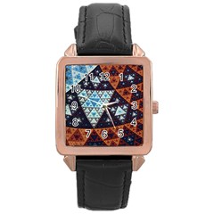 Fractal Triangle Geometric Abstract Pattern Rose Gold Leather Watch 