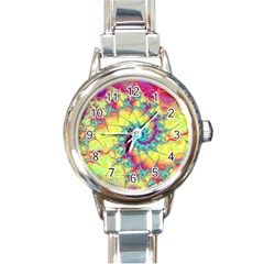 Fractal Spiral Abstract Background Vortex Yellow Round Italian Charm Watch by Ket1n9