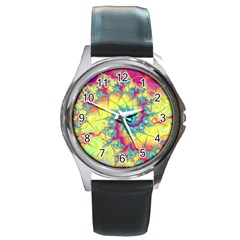 Fractal Spiral Abstract Background Vortex Yellow Round Metal Watch by Ket1n9