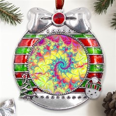 Fractal Spiral Abstract Background Vortex Yellow Metal X mas Ribbon With Red Crystal Round Ornament