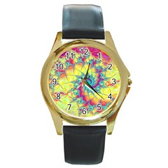 Fractal Spiral Abstract Background Vortex Yellow Round Gold Metal Watch