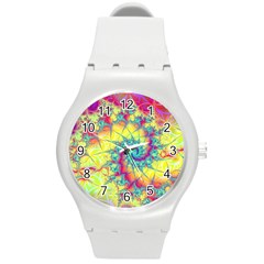 Fractal Spiral Abstract Background Vortex Yellow Round Plastic Sport Watch (m)