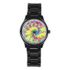 Fractal Spiral Abstract Background Vortex Yellow Stainless Steel Round Watch