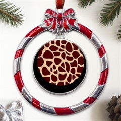 Animal Print Girraf Patterns Metal Red Ribbon Round Ornament by Ket1n9