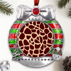 Animal Print Girraf Patterns Metal X mas Ribbon With Red Crystal Round Ornament by Ket1n9