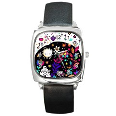 Rainbow Fun Cute Minimal Doodle Square Metal Watch by Bedest