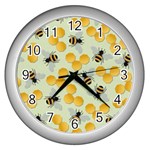 Bees Pattern Honey Bee Bug Honeycomb Honey Beehive Wall Clock (Silver) Front