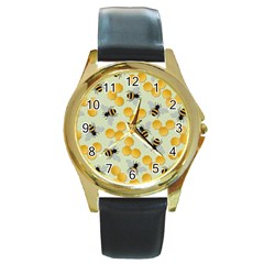 Bees Pattern Honey Bee Bug Honeycomb Honey Beehive Round Gold Metal Watch by Bedest