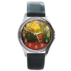 Forest Woods Autumn Nature Round Metal Watch by Proyonanggan