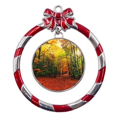 Forest Woods Autumn Nature Metal Red Ribbon Round Ornament