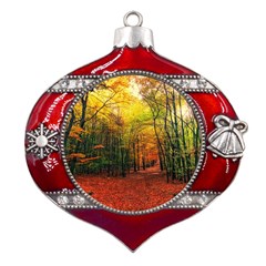 Forest Woods Autumn Nature Metal Snowflake And Bell Red Ornament