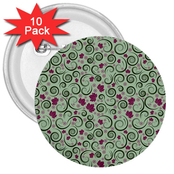 Swirls Foliage Leaves Green 3  Buttons (10 pack) 