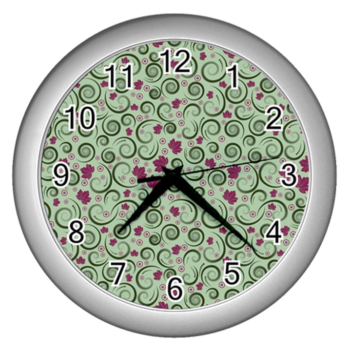 Swirls Foliage Leaves Green Wall Clock (Silver)