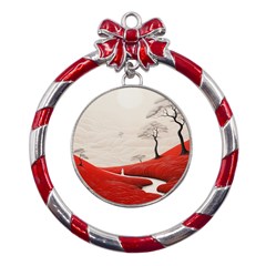 Trees Forest Path Metal Red Ribbon Round Ornament