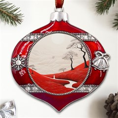 Trees Forest Path Metal Snowflake And Bell Red Ornament