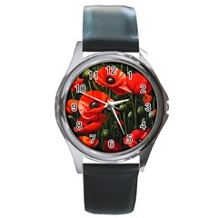 Flowers Poppies Bloom Blossom Art Round Metal Watch by Apenda