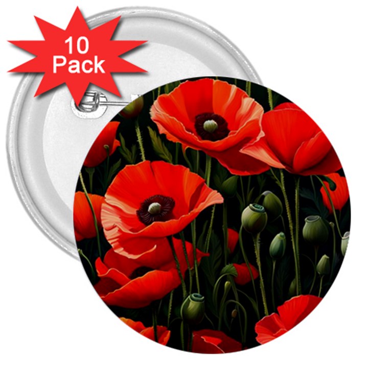 Flowers Poppies Bloom Blossom Art 3  Buttons (10 pack) 