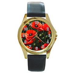 Flowers Poppies Bloom Blossom Art Round Gold Metal Watch by Apenda