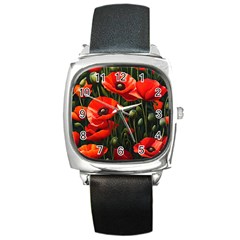 Flowers Poppies Bloom Blossom Art Square Metal Watch by Apenda