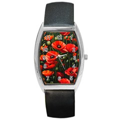 Flowers Poppies Bloom Blossom Art Barrel Style Metal Watch by Apenda