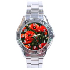 Flowers Poppies Bloom Blossom Art Stainless Steel Analogue Watch