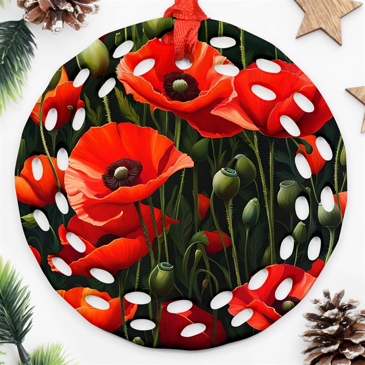 Flowers Poppies Bloom Blossom Art Round Filigree Ornament (Two Sides)