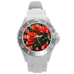 Flowers Poppies Bloom Blossom Art Round Plastic Sport Watch (l) by Apenda