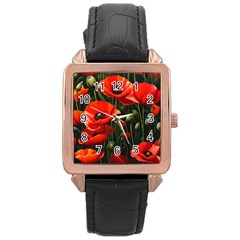 Flowers Poppies Bloom Blossom Art Rose Gold Leather Watch  by Apenda