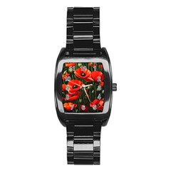 Flowers Poppies Bloom Blossom Art Stainless Steel Barrel Watch by Apenda